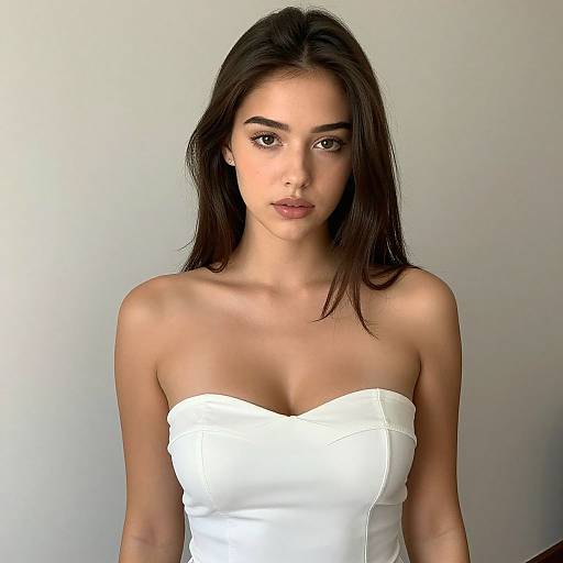 Portrait of Young Woman in Strapless White Top Against Neutral Background