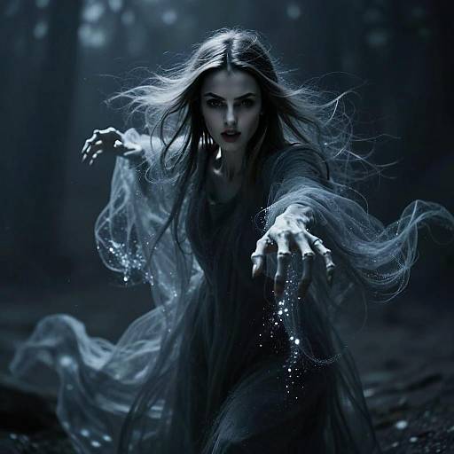 Ethereal Woman in Dark Fantasy Setting Reaching Out with Flowing Transparent Fabric