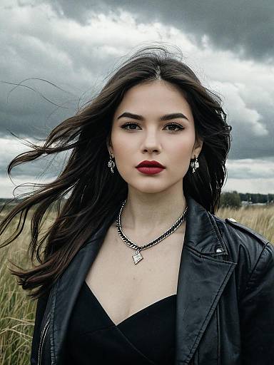 Portrait of Woman in Black Leather Jacket with Dramatic Sky Background