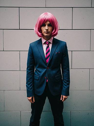 Man in Anya Forger cosplay with pink wig and pinstripe suit