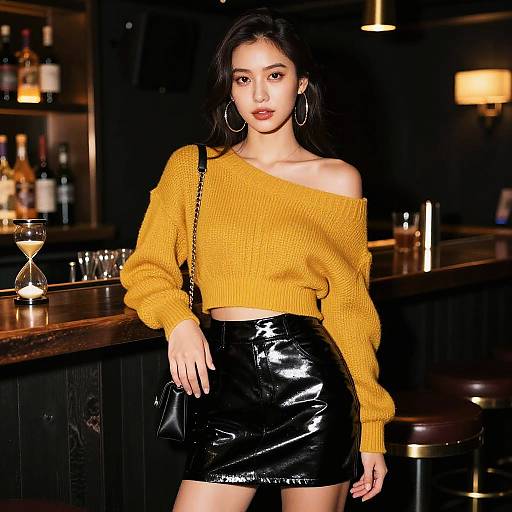 Hourglass Woman in Mustard Off-Shoulder Sweater and Black Vinyl Mini Skirt in Contemporary Streetwear