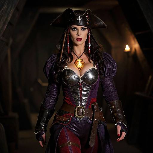 Confident Pirate Woman Costume with Glowing Pendant