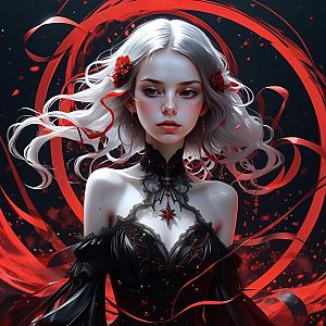 Gothic Woman with Silver Hair and Red Flowers