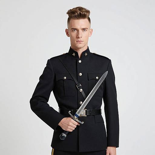 Young Man in Formal Military Uniform Holding Sword