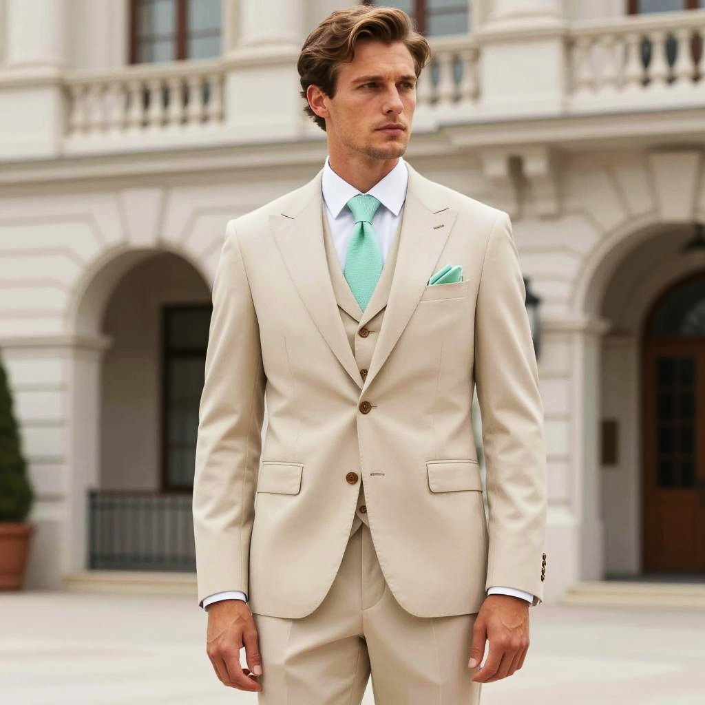Young Man in Beige Three-Piece Suit with Mint Green Tie and Pocket Square