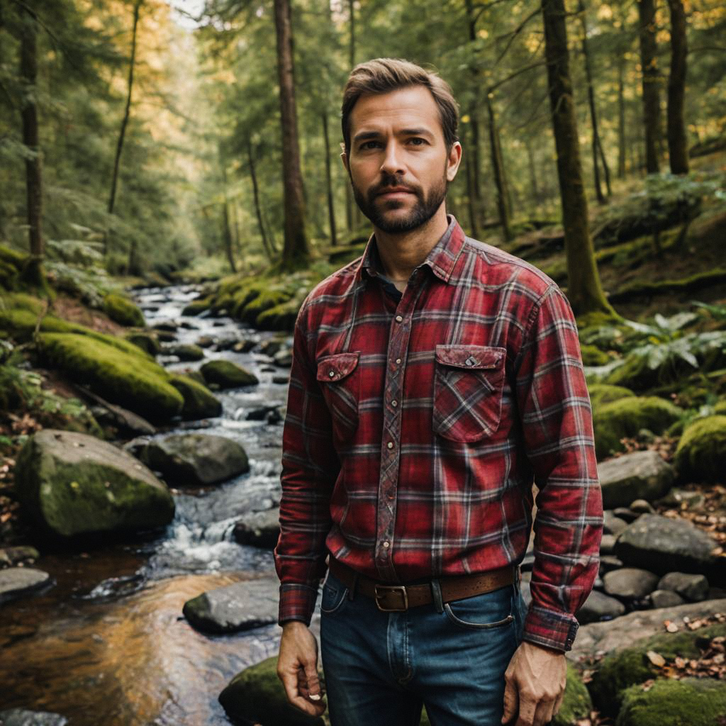 Man by Mossy Stream in Forest