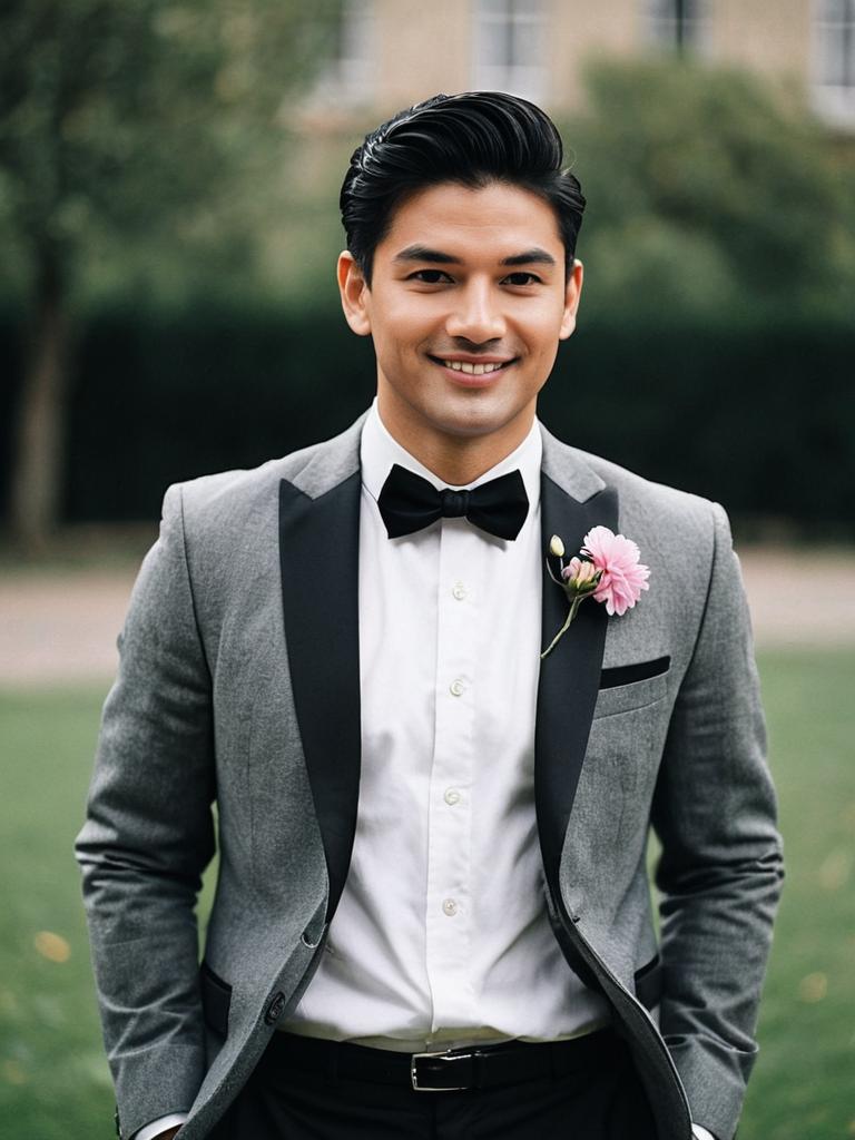 Young Man in Grey Tuxedo with Bowtie and Pink Boutonniere at Wedding