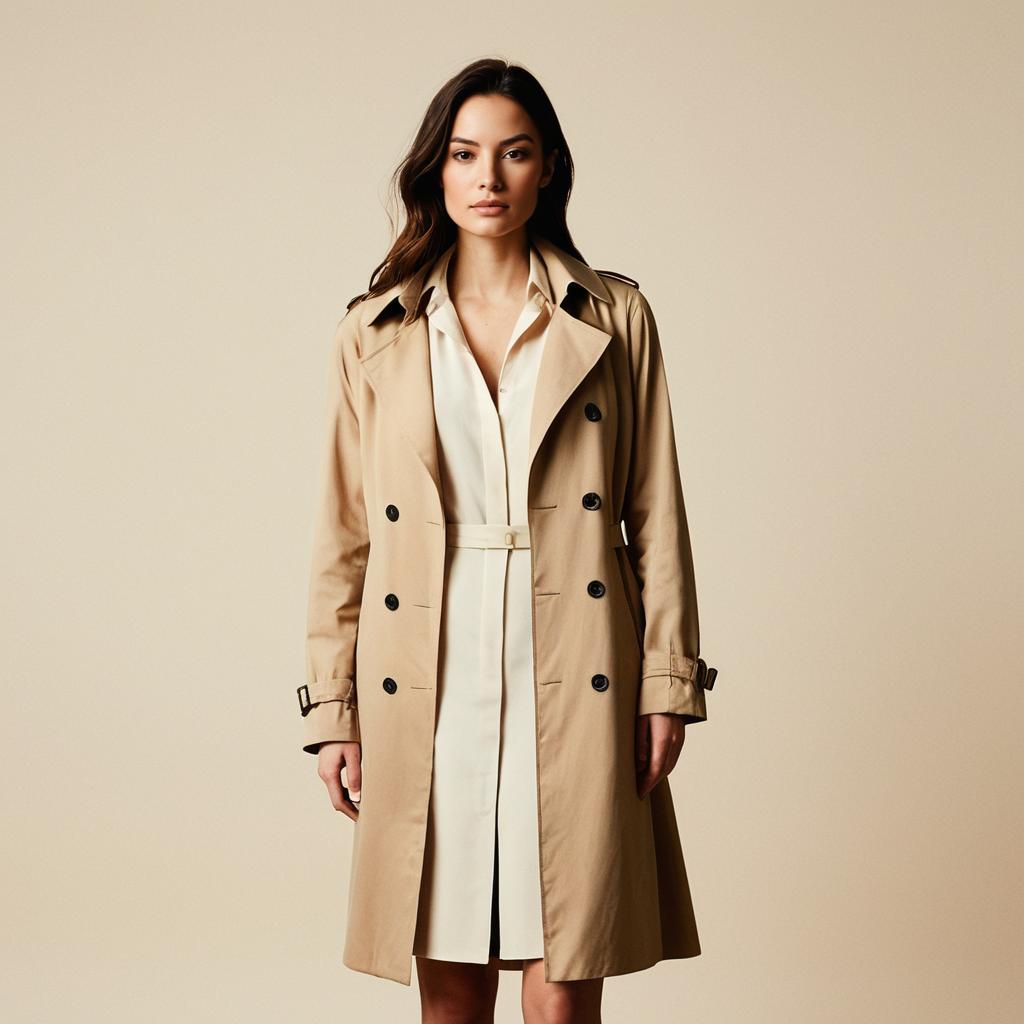 Woman Wearing Classic Beige Trench Coat and Cream Dress on Neutral Background