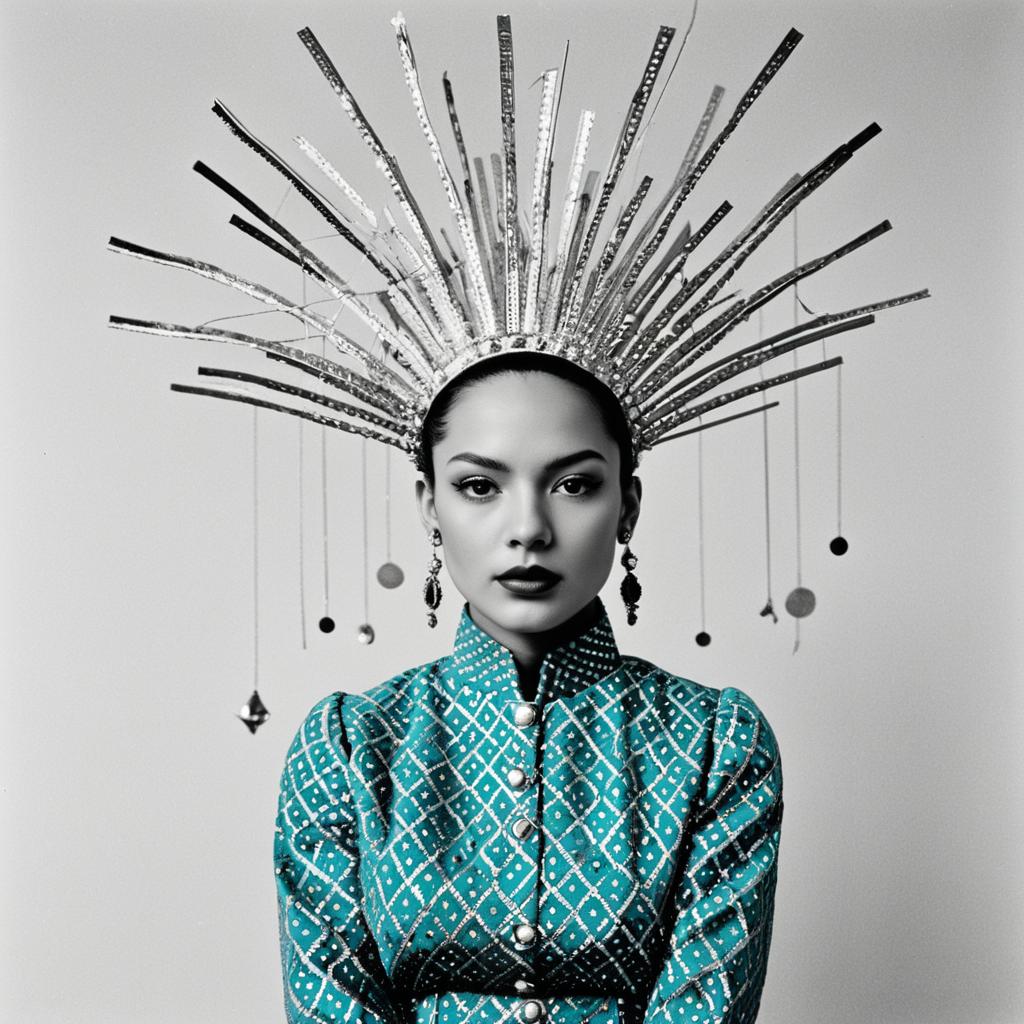 Fashion Portrait of Woman with Metallic Sunburst Headdress and Traditional Teal Dress