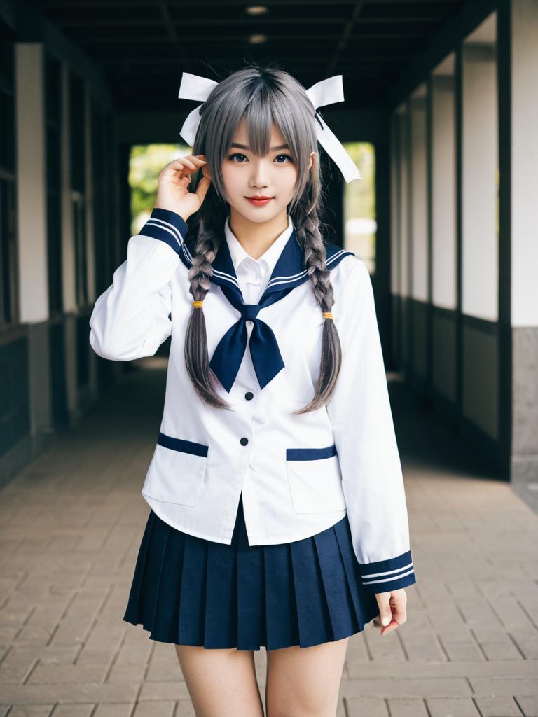 Young Woman in Japanese Sailor School Uniform with Braided Hair