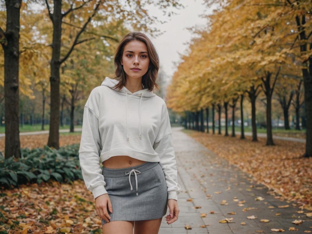 Confident Woman in Cropped Hoodie and Gray Skirt