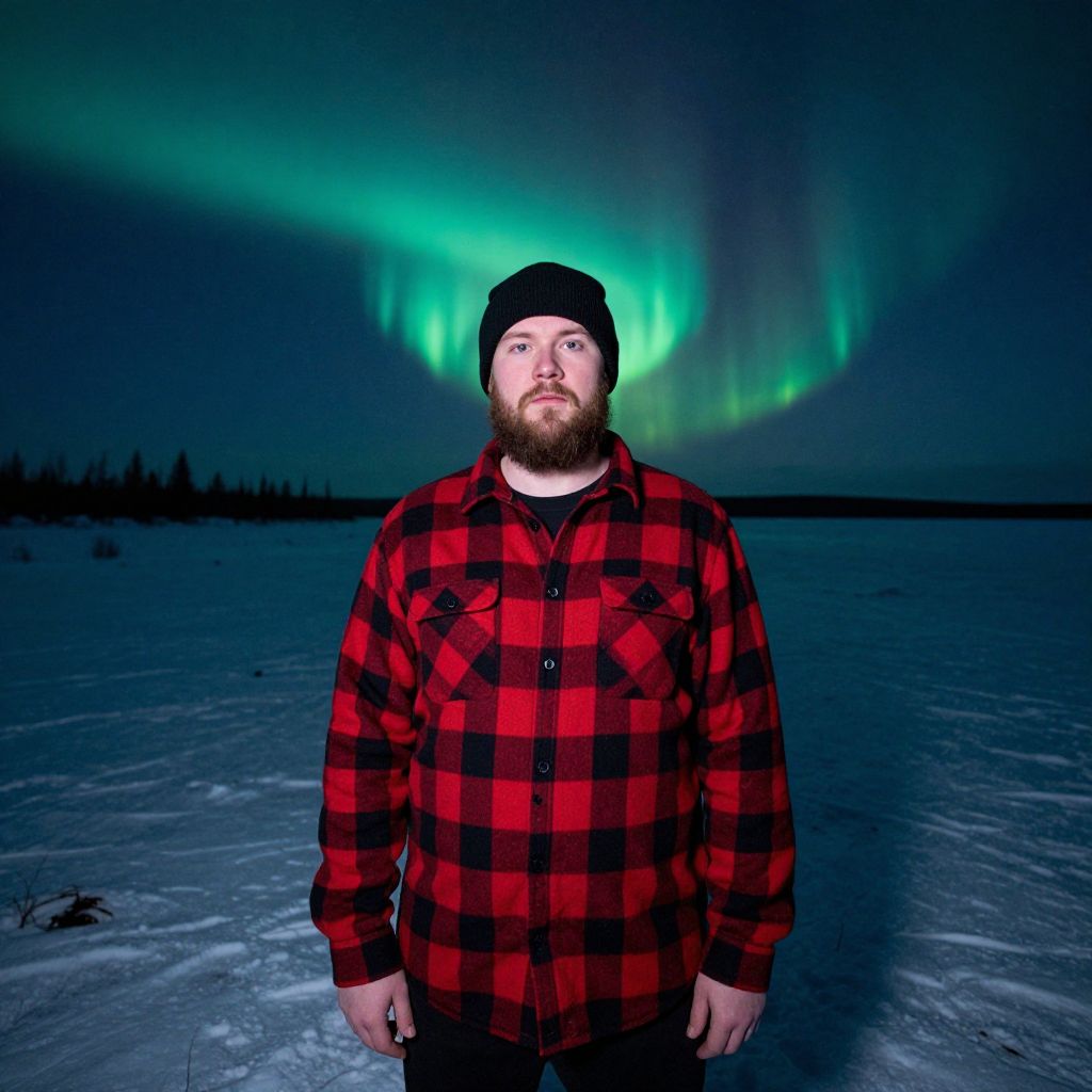 Man in Red Flannel Shirt Stands Under Northern Lights on Snowy Landscape
