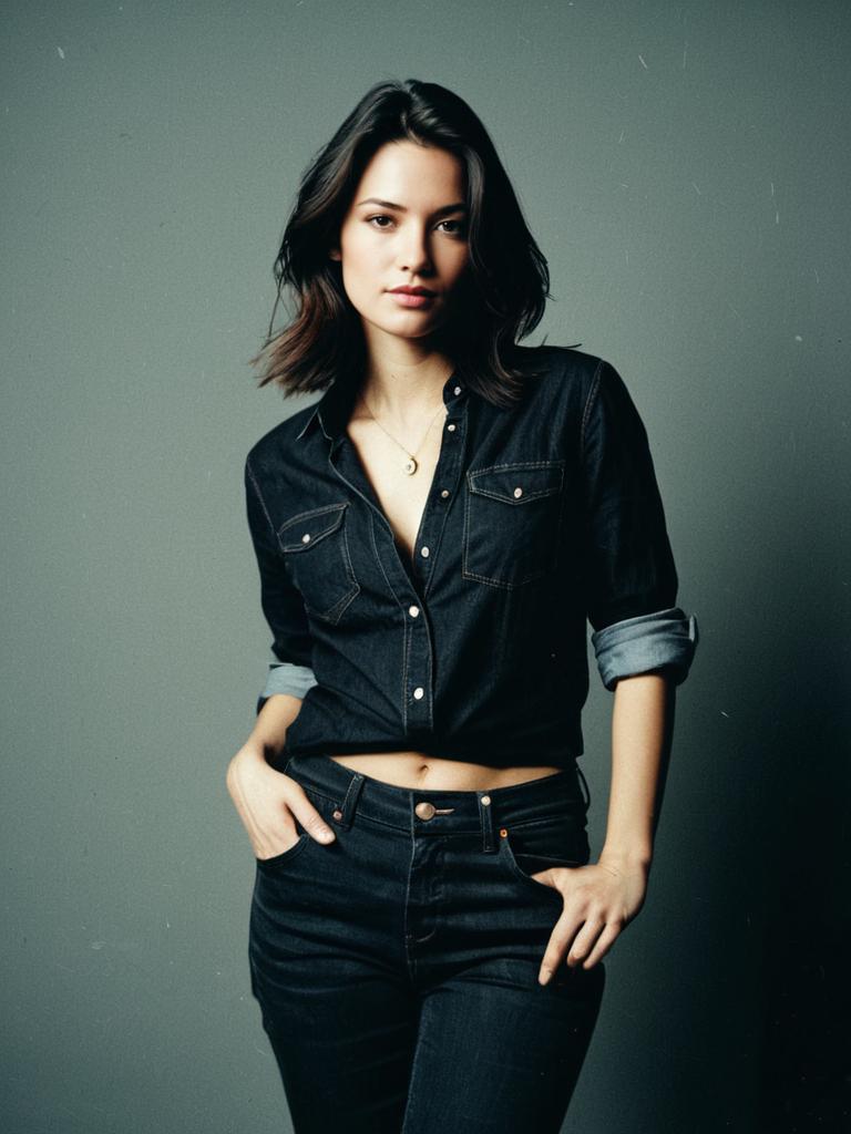 Woman in Black Jeans with Shirt Outfit Cinematic Realism