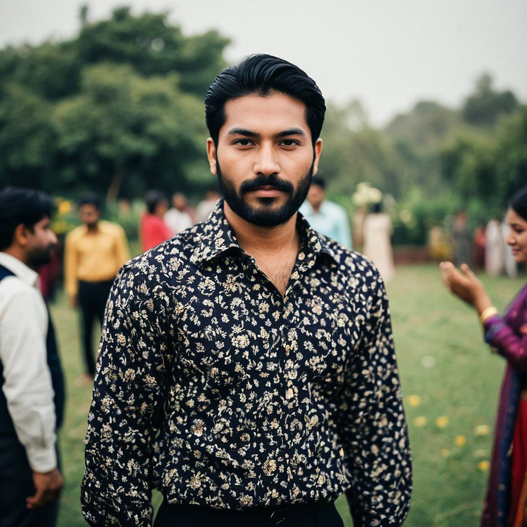 Man in Dark Floral Print Shirt in Garden Man in Dark Floral Print Shirt in Garden