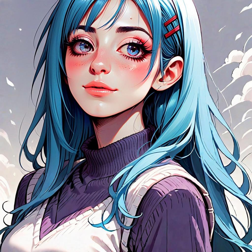 Anime Style Portrait of Blue-Haired Woman with Vibrant Eyes
