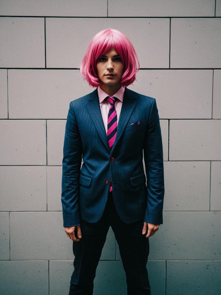 Man in Anya Forger cosplay with pink wig and pinstripe suit