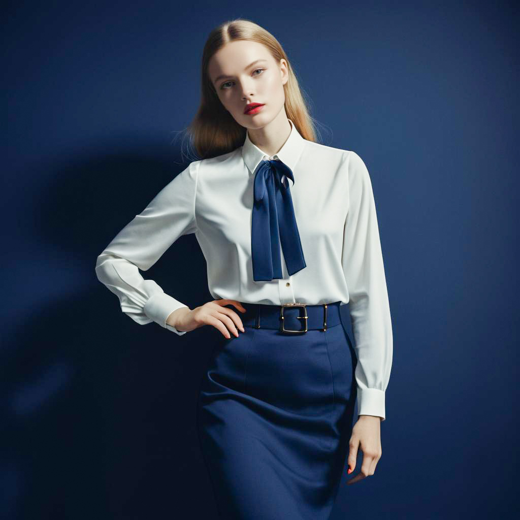 Elegant Woman in White Blouse and Navy Skirt