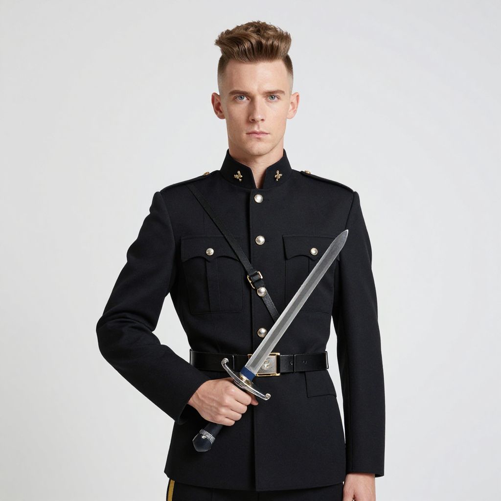 Young Man in Formal Military Uniform Holding Sword