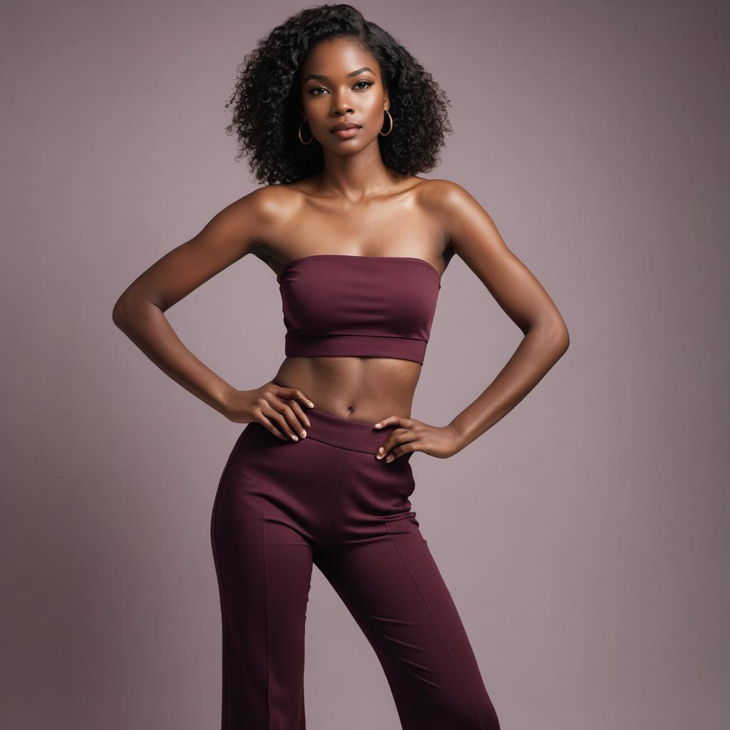 Confident Woman in Burgundy Bandeau Top and High-Waisted Pants Fashion Portrait