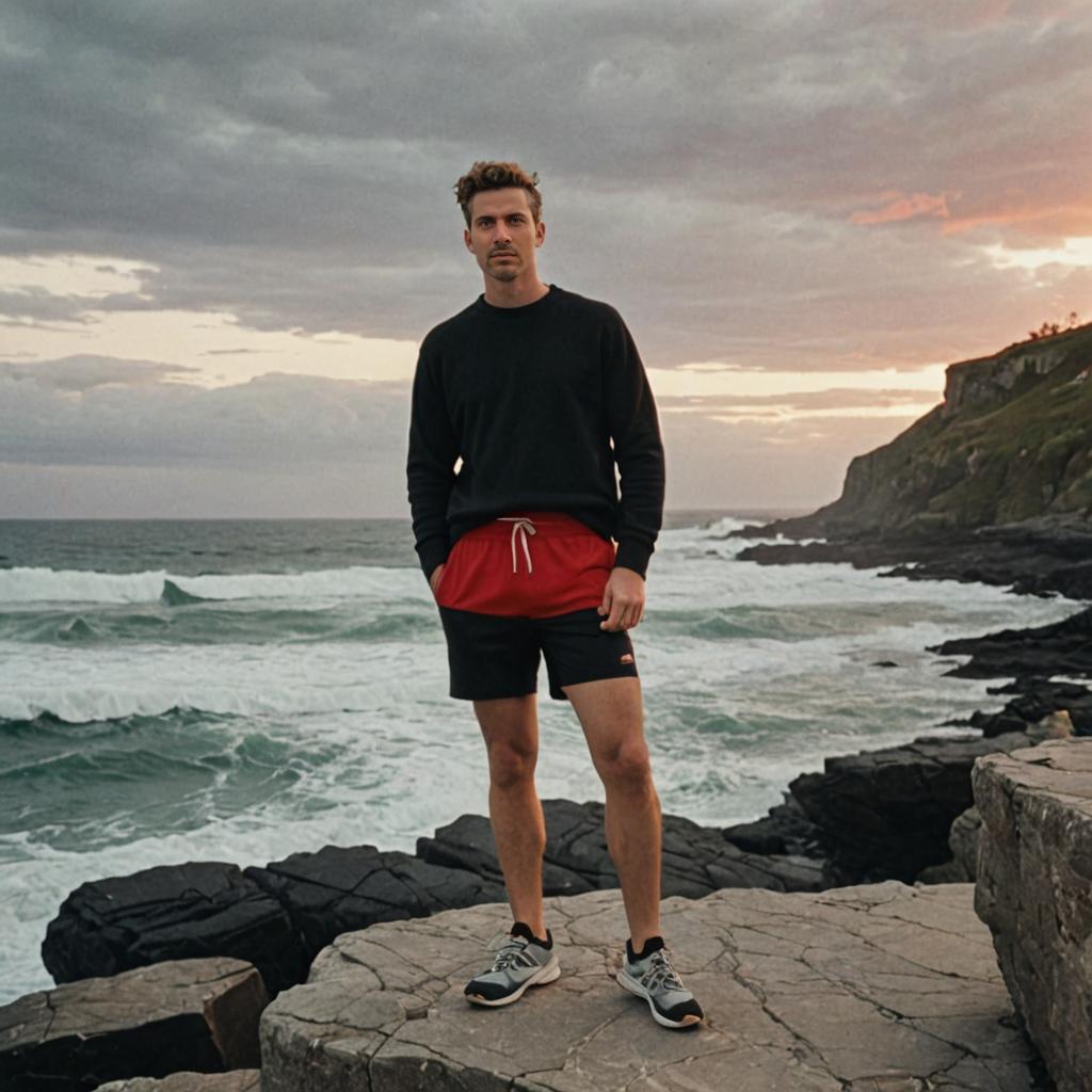 Man on Rocky Coastline in Athletic Wear