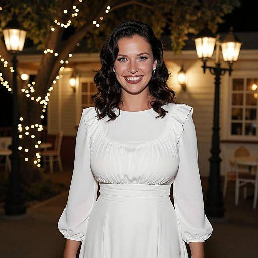 Smiling Woman in White Dress with Outdoor Evening Lights