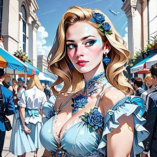Elegant Blonde Woman in Blue Dress with Roses at Outdoor Market Digital Illustration