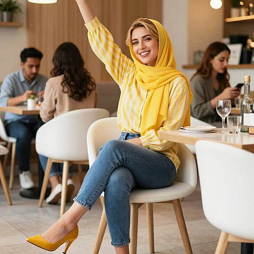 Young Woman in Yellow Hijab and Jeans Sitting in Modern Café Raising Hand