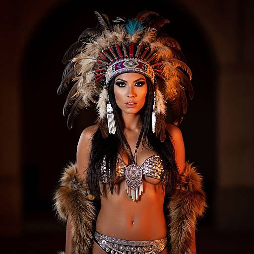 Woman Wearing Native American-Inspired Feathered Headdress and Metallic Bikini