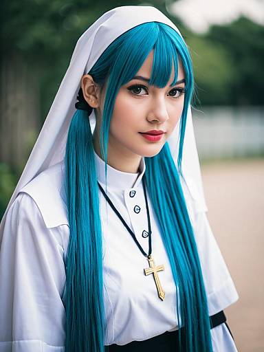 Woman in Nun Costume with Turquoise Hair and Cross Pendant