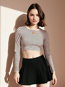 Woman Wearing Modern Casual Horizontal Striped Cropped Long Sleeve Top with Black Skirt