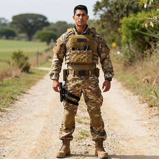 Man in Tactical Military Gear Standing on Dirt Path Outdoors