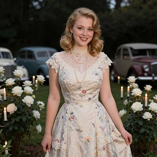 Vintage Floral Lace Dress Woman in Garden with Classic Cars and Roses