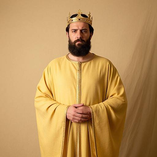 Regal Bearded Man in Yellow Robe and Gold Crown Portrait