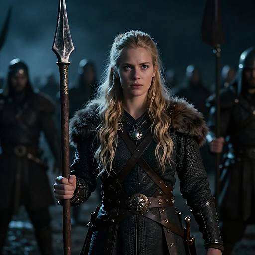 Viking Woman Warrior in Medieval Armor Holding Spear