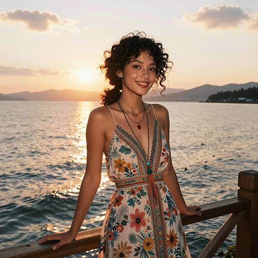 Young Woman in Floral Dress by Sea at Sunset