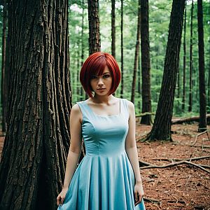 Woman with Red Hair in Blue Dress Standing in Forest Realistic Photo