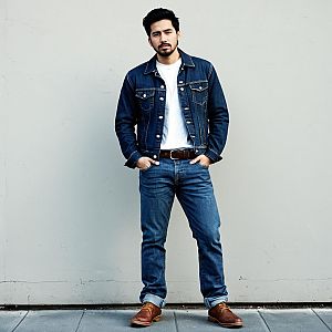 Confident Man in Denim Outfit Against Plain Wall