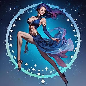 Powerful Woman with Purple Hair in Cosmic Background
