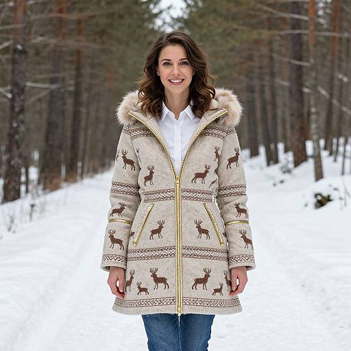 Woman in Beige Deer Pattern Winter Coat on Snowy Forest Path