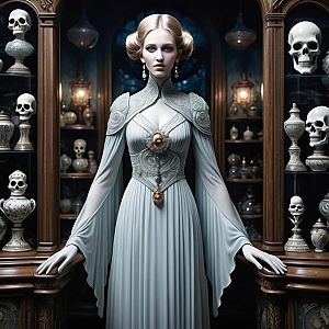 Elegant Woman in Flowing Gown Among Skull Sculptures
