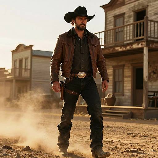 Rugged Cowboy Walking in Dusty Western Town