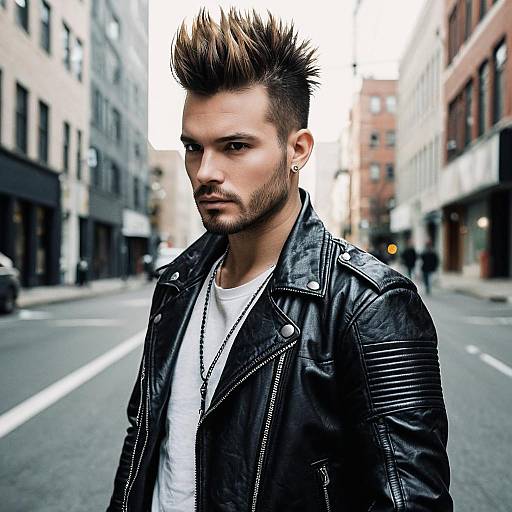 Edgy Young Man with Spiked Hair and Leather Jacket in Urban Street