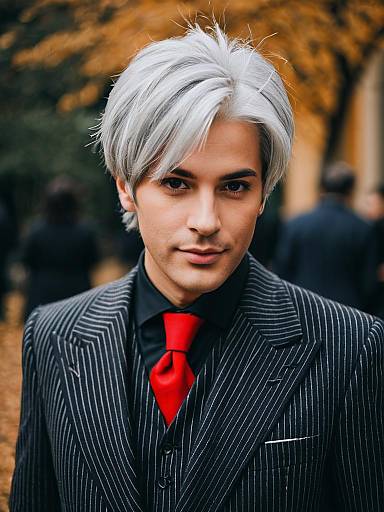 Man with Silver Hair in Pinstripe Suit and Red Tie Autumn Portrait