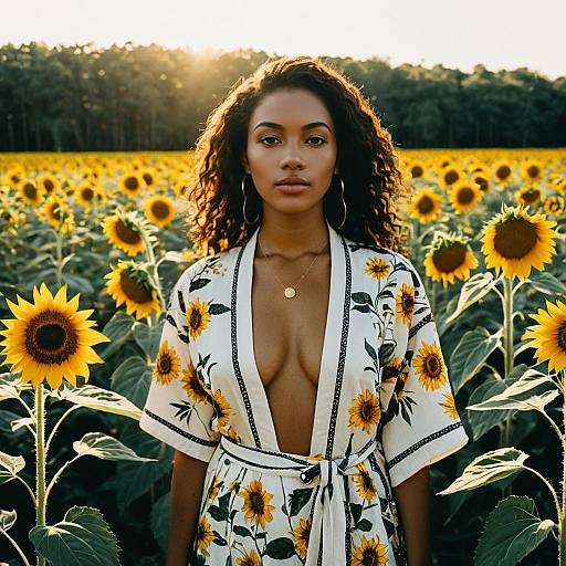 Woman in Sunflower Field Wearing Sunflower Print Dress at Sunset