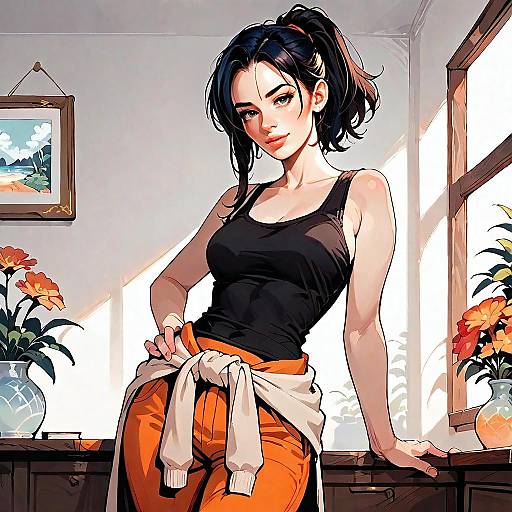 Stylish Young Woman in Black Tank Top and Orange Pants Indoor Anime Illustration