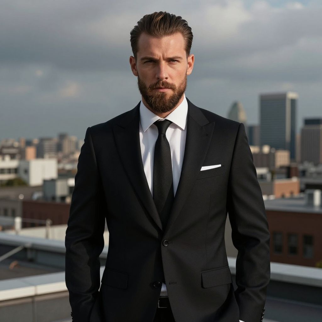 Confident Man in Black Suit on City Rooftop