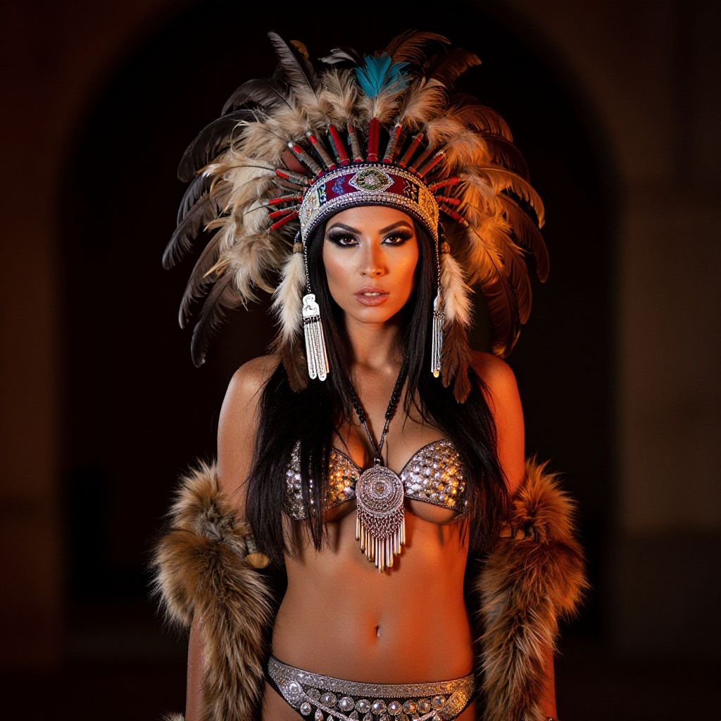 Woman Wearing Native American-Inspired Feathered Headdress and Metallic Bikini