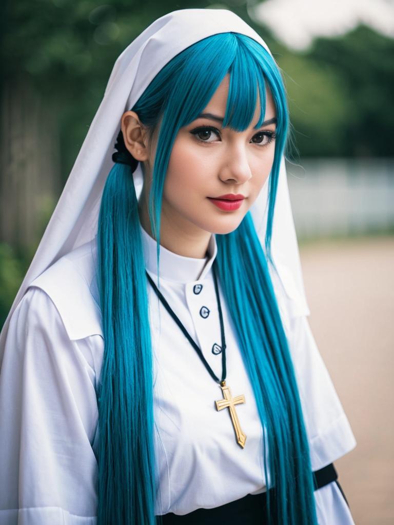 Woman in Nun Costume with Turquoise Hair and Cross Pendant