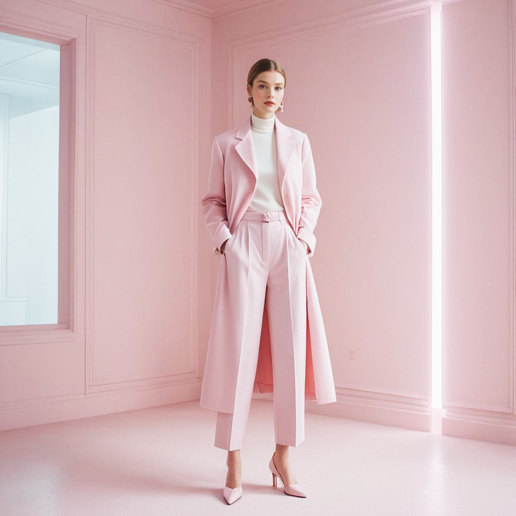 Stylish woman in pink room with tailored outfit