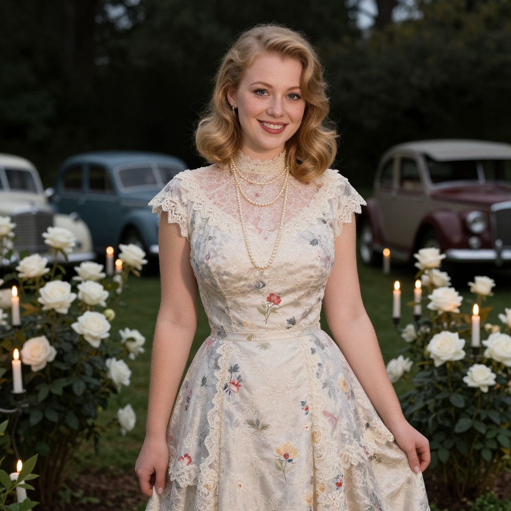Vintage Floral Lace Dress Woman in Garden with Classic Cars and Roses